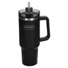 a black coffee mug with a handle