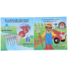 a book with pictures of a farmer and a red tractor