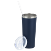 a blue and silver tumbler with a straw