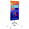 a blue and orange banner on a tripod