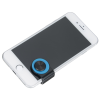a white cell phone with a blue circle on it