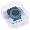 a black and blue circle in a clear plastic container