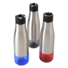 a group of silver and blue bottles