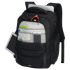 a black backpack with a white tag