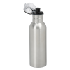 a silver water bottle with a black lid