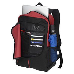 Additional Image 1 - a black and red backpack with a red bag and a white bag