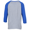 a back of a grey and blue shirt