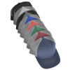 a grey sock with colorful triangles on it