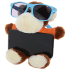 a stuffed animal wearing sunglasses and holding a tablet