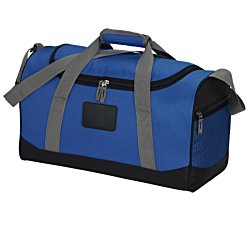 a blue and black duffel bag
