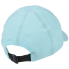 a light blue cap with a black strap
