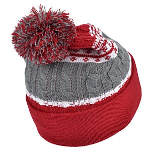 Additional Image 1 - a red and grey knit hat with a pom