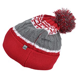 Additional Image 3 - a red and grey knit hat with a pom