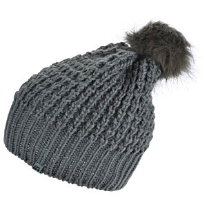 Additional Image 1 - a grey knit hat with a fluffy pom