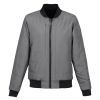 a grey jacket with black trim