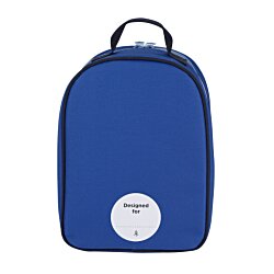 a blue backpack with a white circle on the side