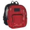 a red backpack with black straps