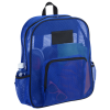 a blue backpack with a black patch on it