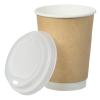 a brown paper cup with a white lid