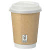 a brown paper cup with a white lid