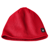 a red beanie with a black patch