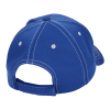 a blue hat with white stitching