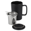 a black mug with a silver cup