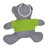 a grey stuffed animal with a green shirt