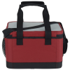 a red cooler bag with black handles