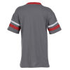 a grey shirt with red stripes