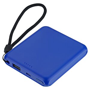 a blue square object with a black cord