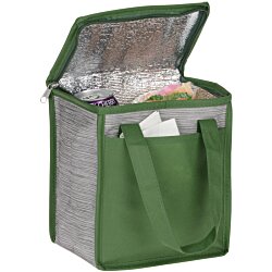 a green and grey bag with a lid open
