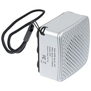 Additional Image 4 - a silver square speaker with a black strap