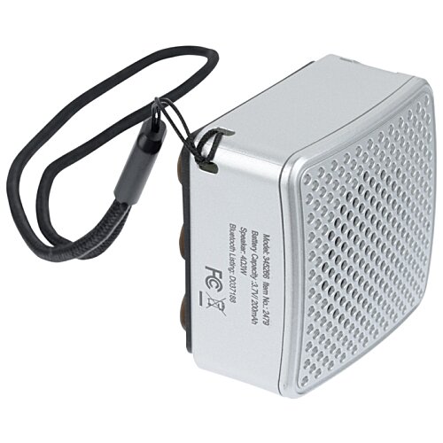 Additional Image 4 - a silver square speaker with a black strap