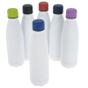a group of white plastic bottles with different colored caps