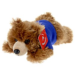 a stuffed animal with a blue shirt
