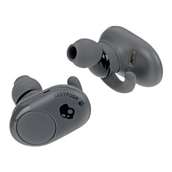 a pair of grey earbuds