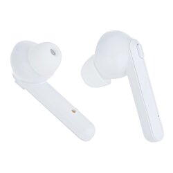 a pair of white earbuds