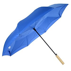 Additional Image 1 - a blue umbrella with a wooden handle