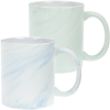 a couple of white and blue mugs