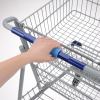 a hand holding a blue handle on a shopping cart