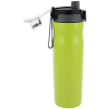 a green water bottle with a black lid