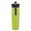 a green water bottle with a black lid