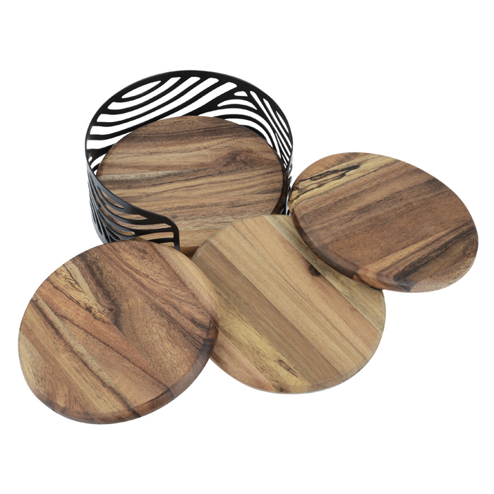 Acacia Wood 4-Piece Coaster Set in Metal Stand - Round