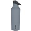 a grey water bottle with a black lid