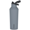 a grey water bottle with a black lid