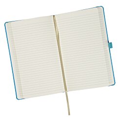 a white book with blue trim