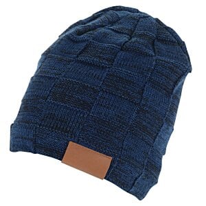 Additional Image 2 - a blue beanie with a brown label