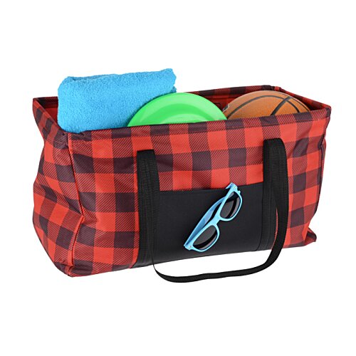 Additional Image 2 - a red and black plaid bag with a blue frisbee and a black handle