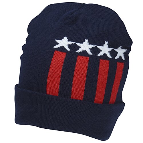 Additional Image 1 - a blue beanie with red stripes and stars